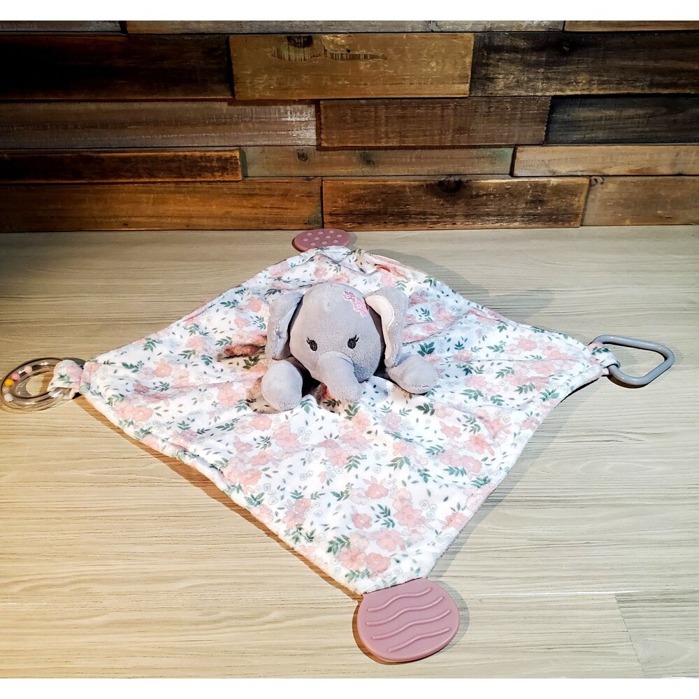 Modern Baby Pink Elephant Flower Print Snuggle Toys Lovey Plush Security Blanket